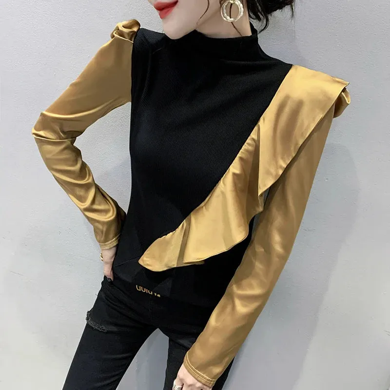 Turtleneck Ruffled Color Blocking Puff Sleeve Blouse