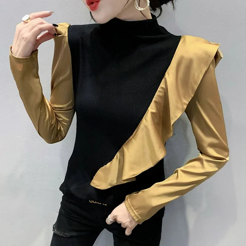 Turtleneck Ruffled Color Blocking Puff Sleeve Blouse