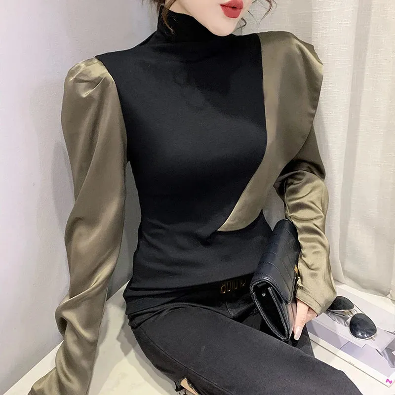 Turtleneck Ruffled Color Blocking Puff Sleeve Blouse