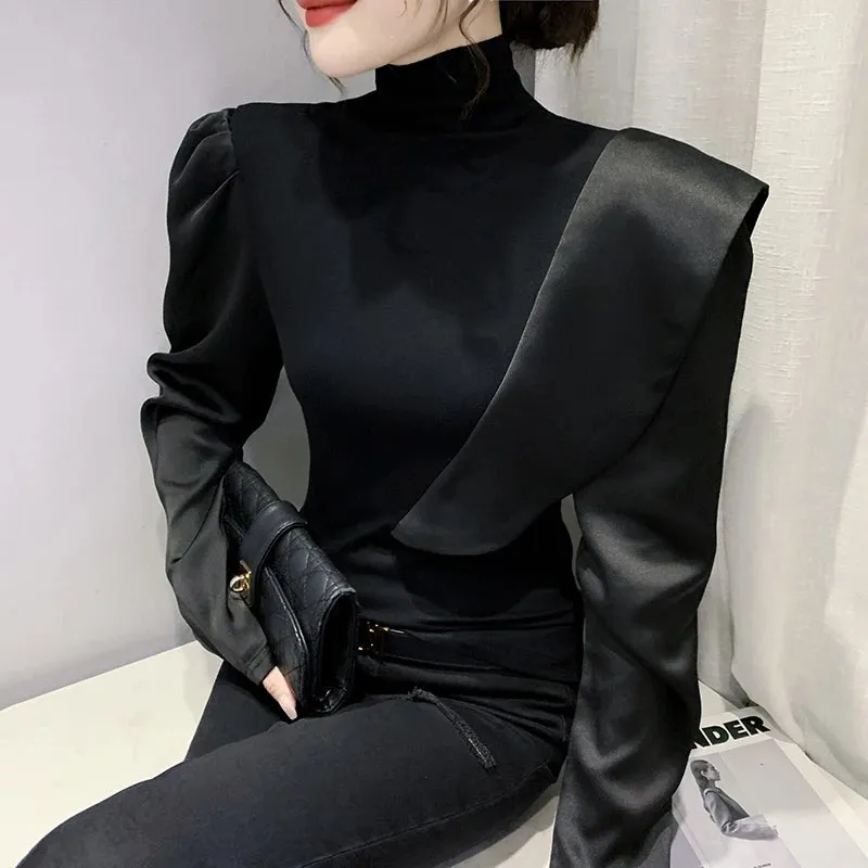 Turtleneck Ruffled Color Blocking Puff Sleeve Blouse