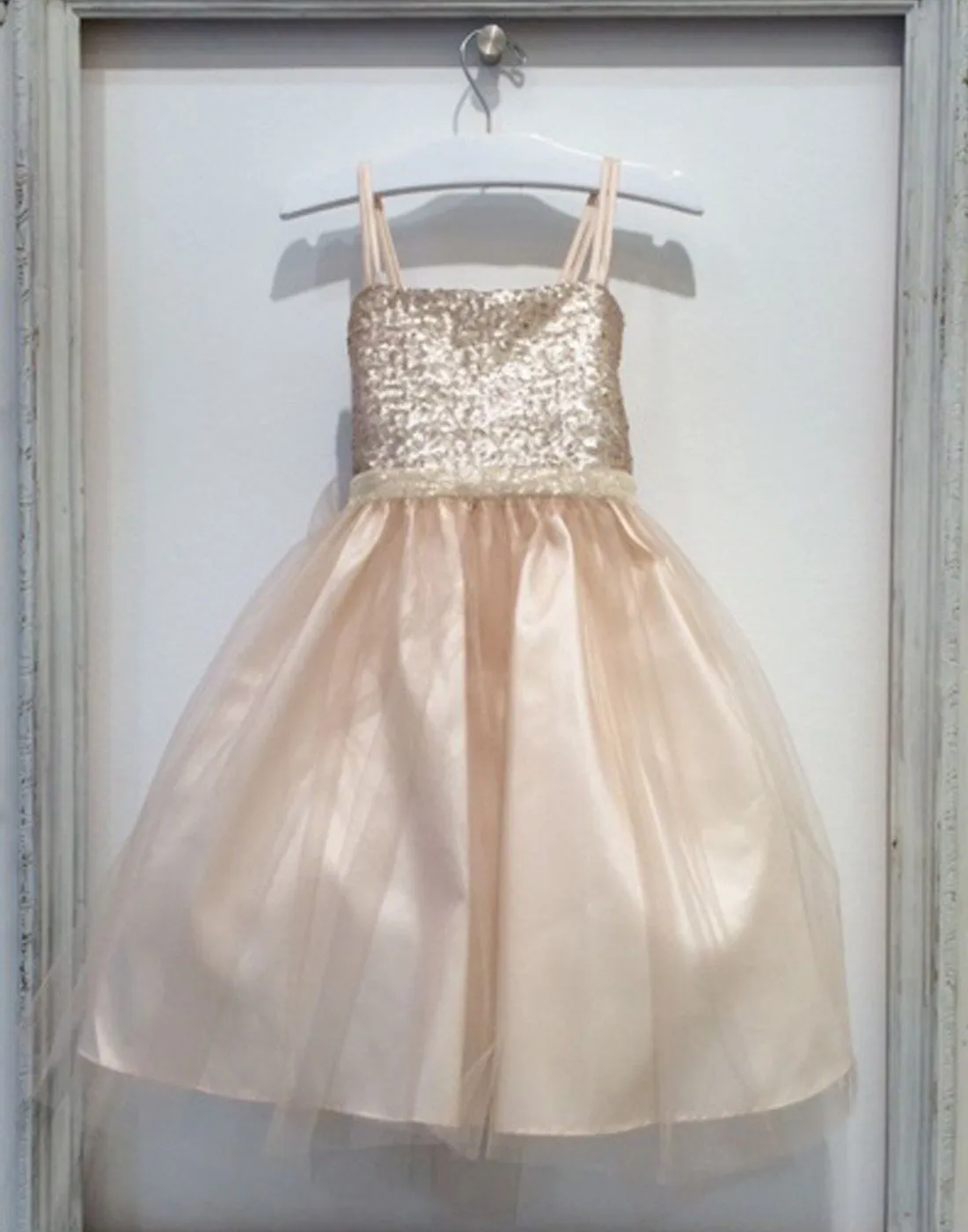 Twinkling Sequined Bodice and Tulle Overlay Skirt Dress - Champagne