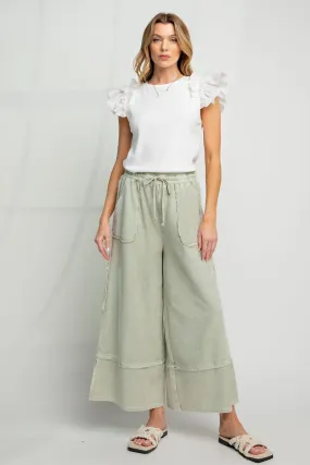 Wide Leg Upside Down Terry Knit Palazzo Pants FADED OLIVE