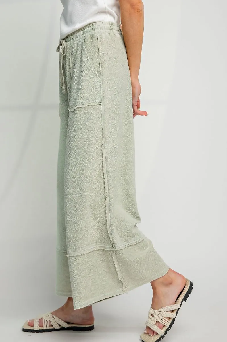 Wide Leg Upside Down Terry Knit Palazzo Pants FADED OLIVE