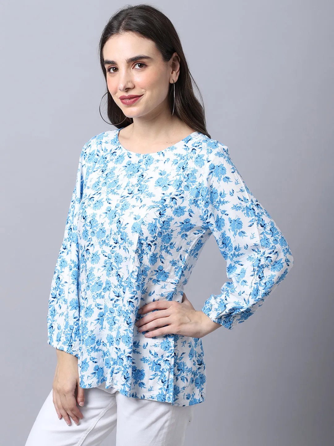 Women's Casual  Blue Floral Print Round neck Top