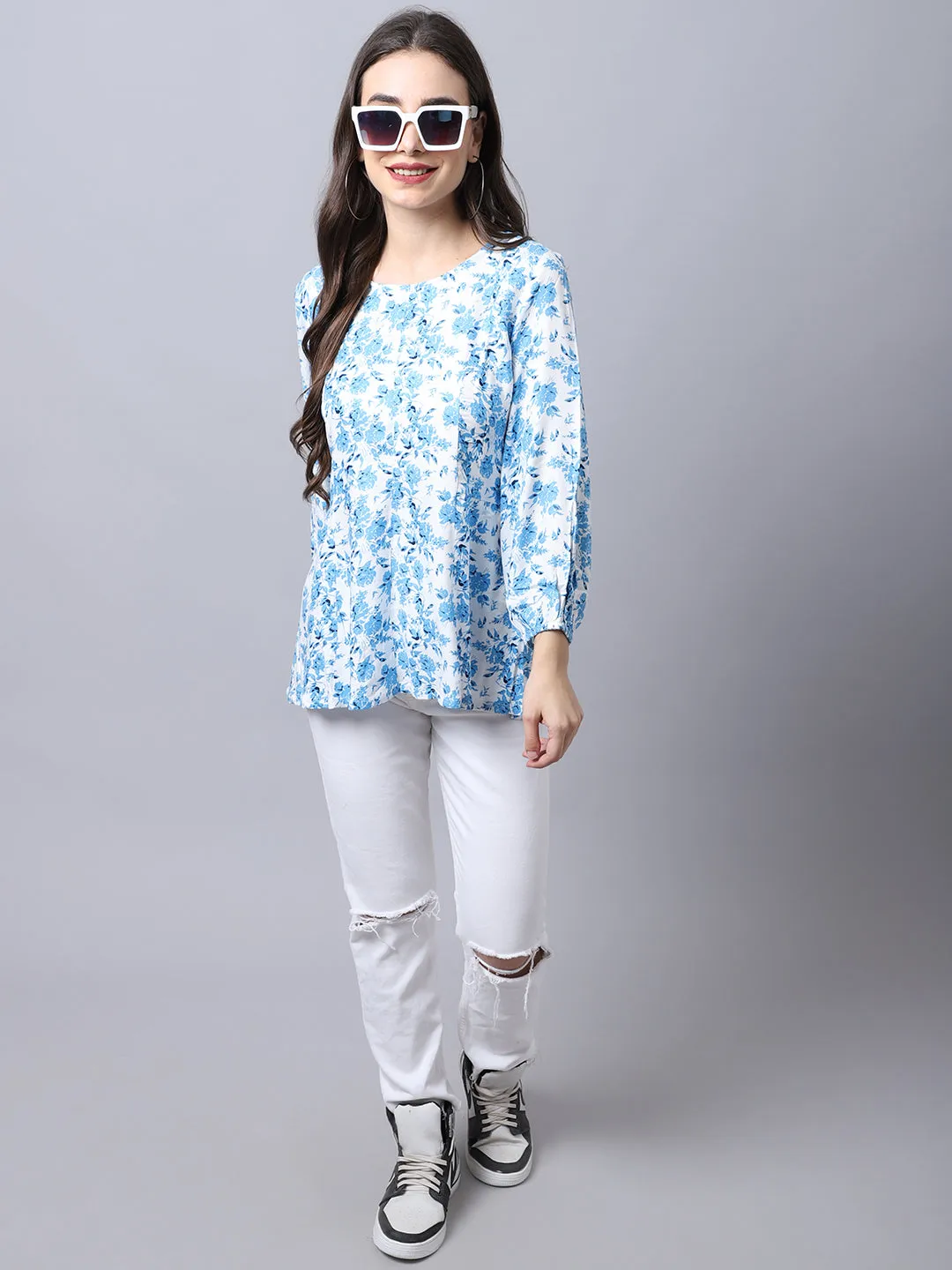 Women's Casual  Blue Floral Print Round neck Top