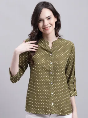 Women's Casual  Green Polka dot Print Mandarin Collar Top