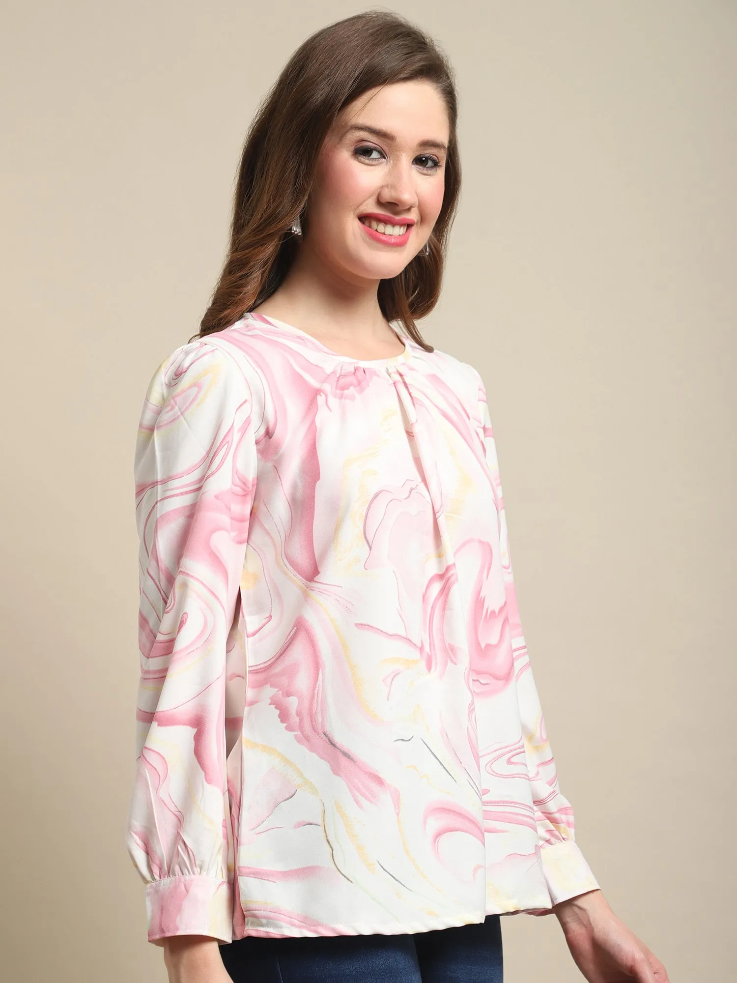 Women's Casual  Pink Marble Print Round neck Top