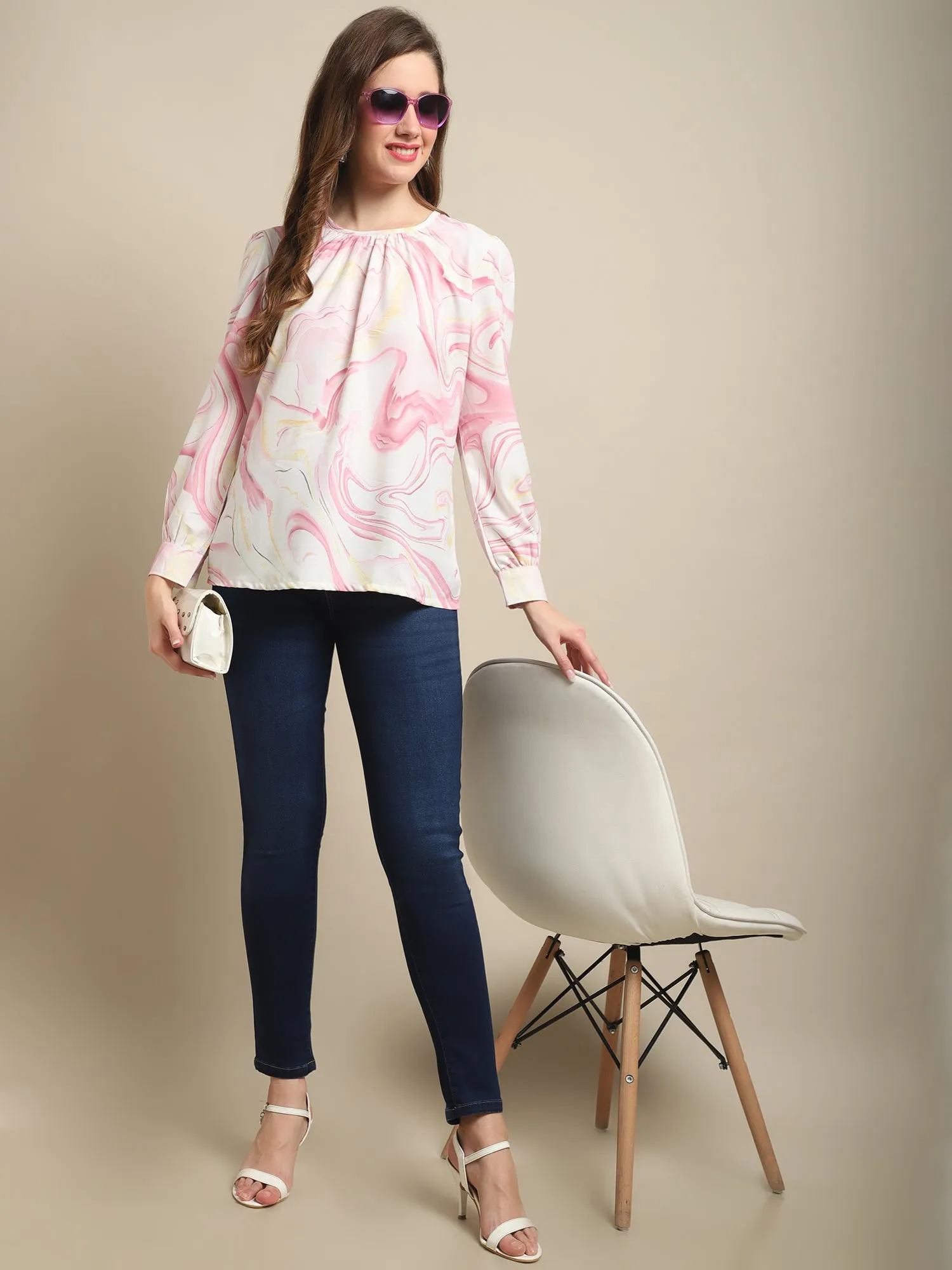 Women's Casual  Pink Marble Print Round neck Top