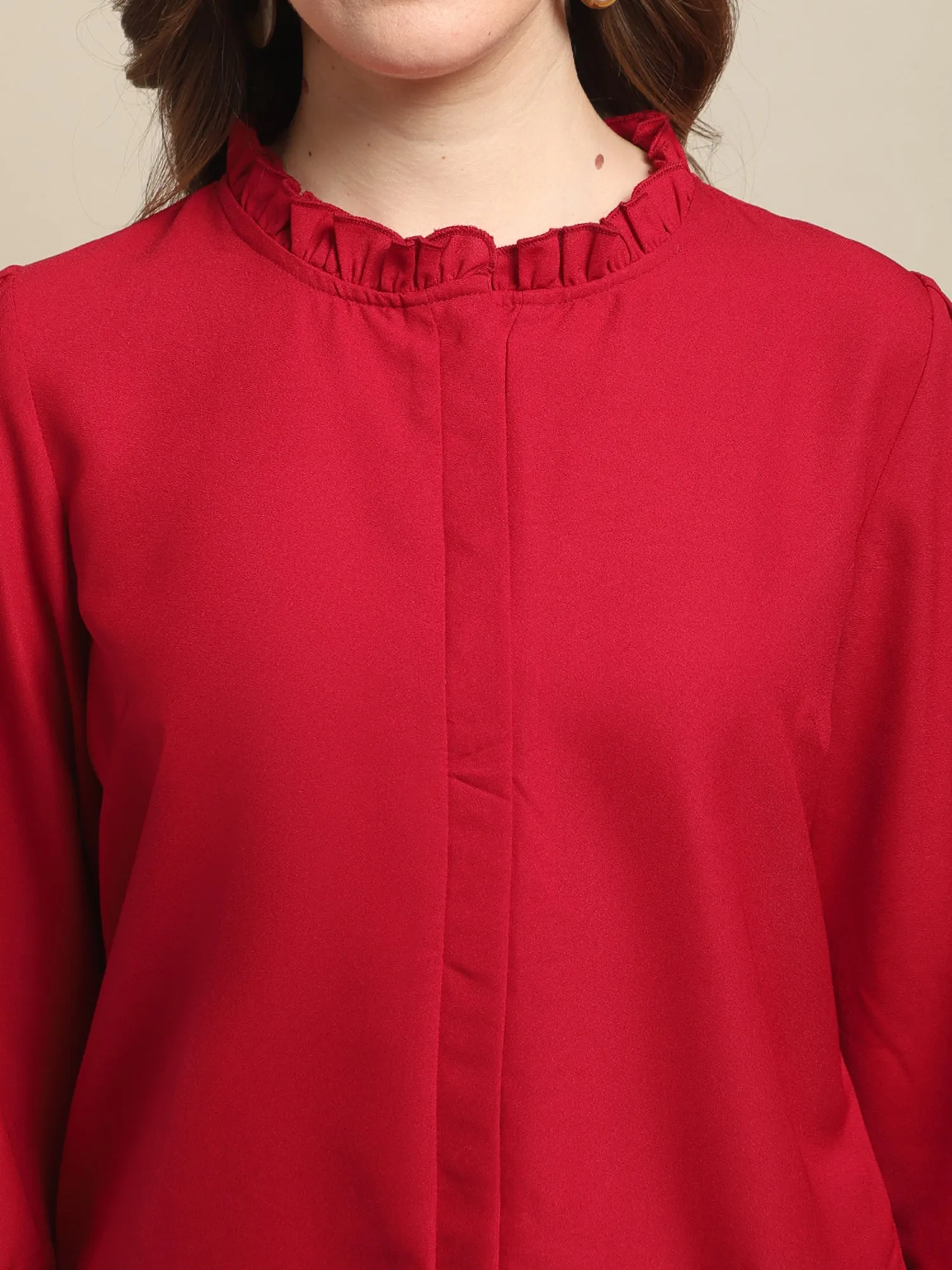 Women's Casual  Red Solid Ruched neck line Top