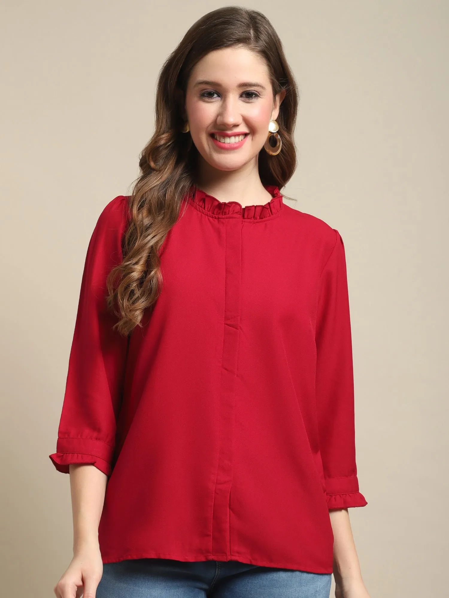 Women's Casual  Red Solid Ruched neck line Top