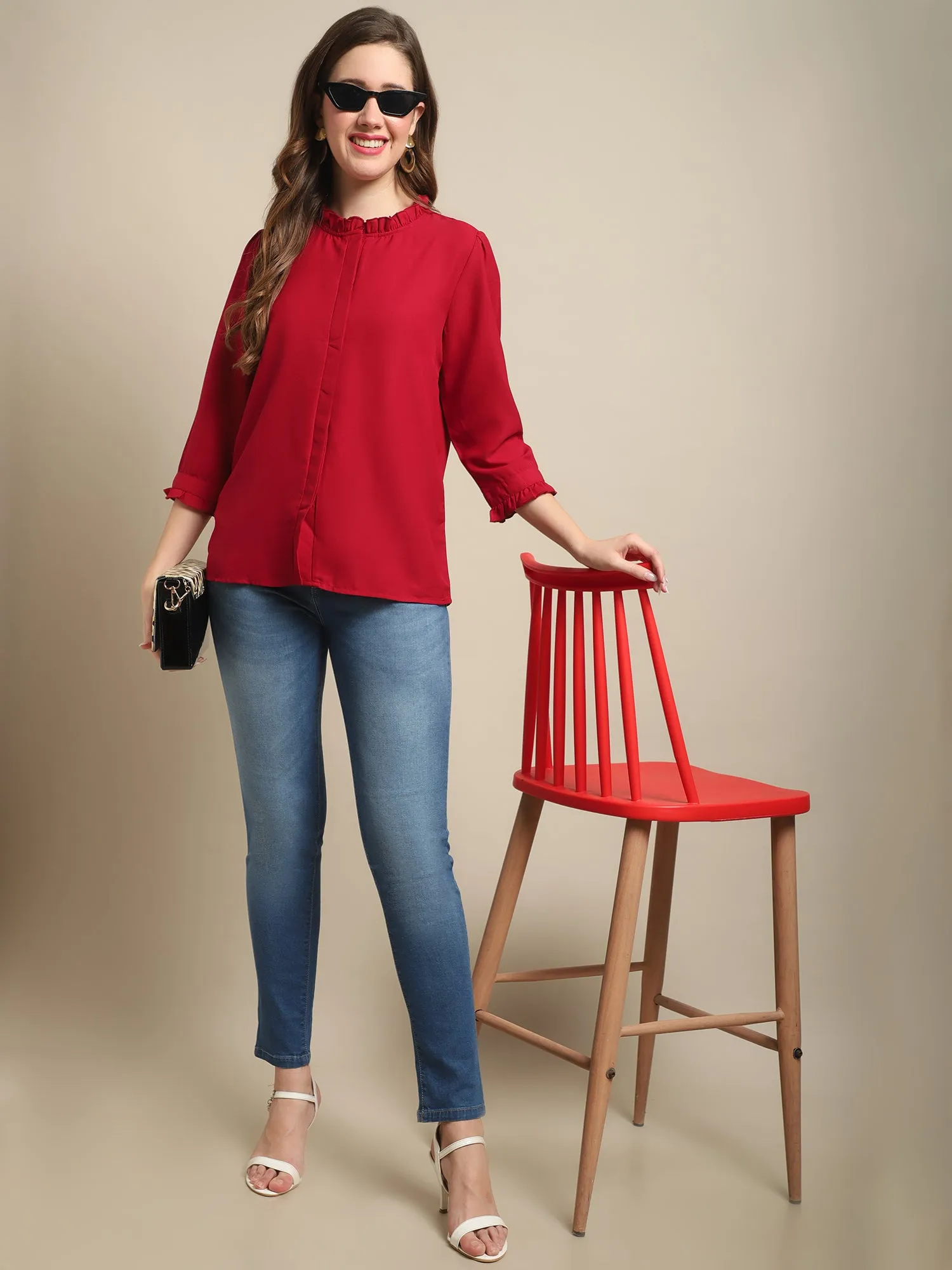 Women's Casual  Red Solid Ruched neck line Top