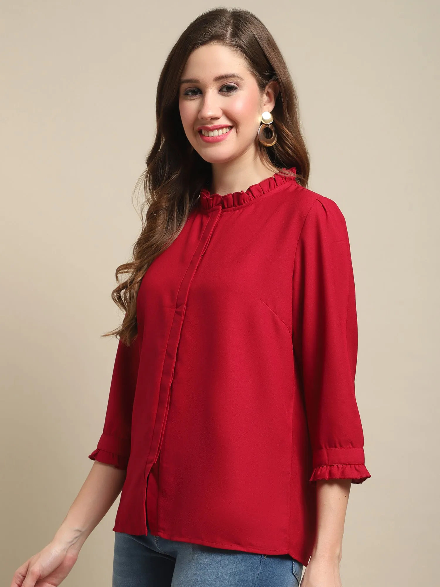 Women's Casual  Red Solid Ruched neck line Top