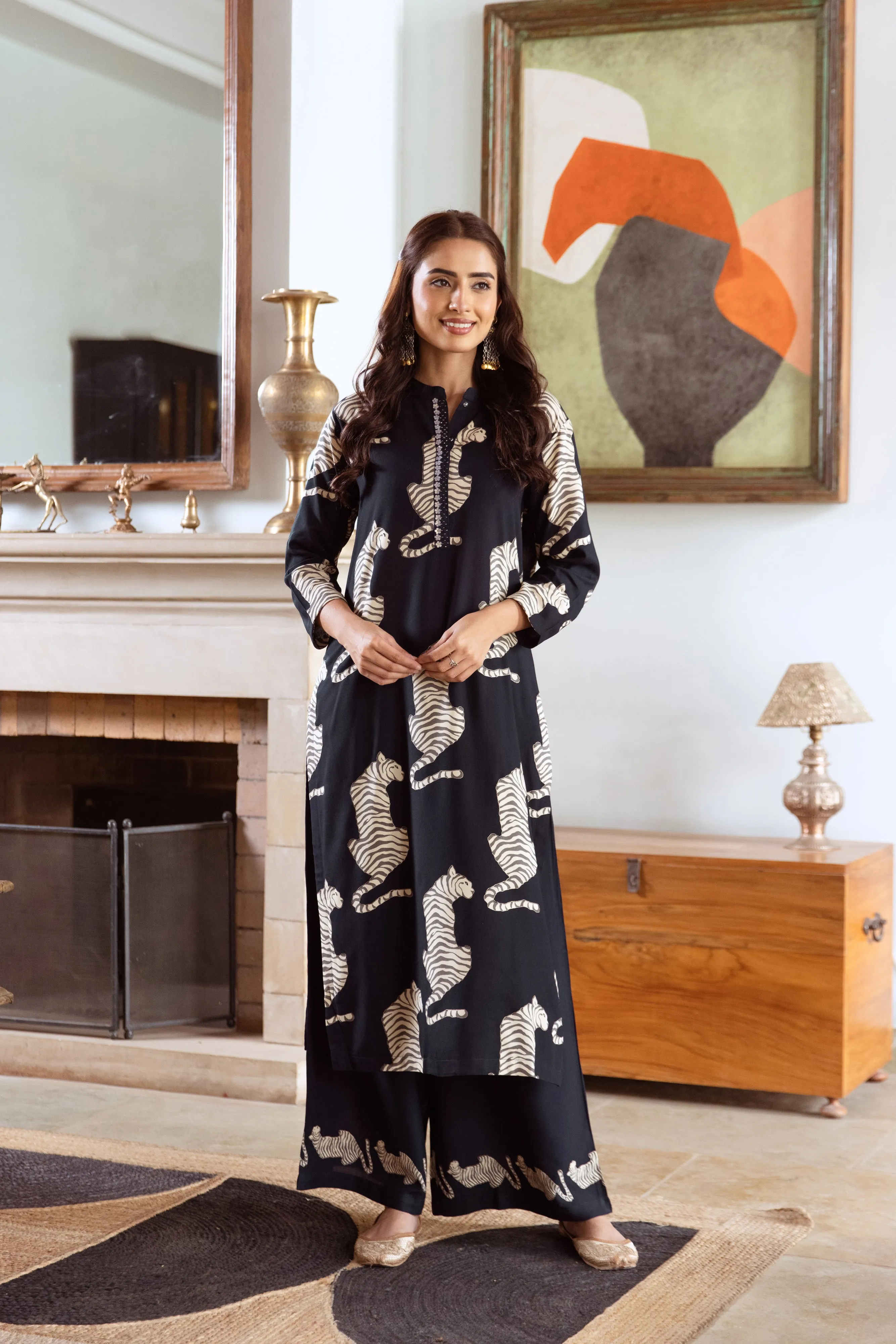 Women's Navy Blue German Rayon Kurta Palazzo Set