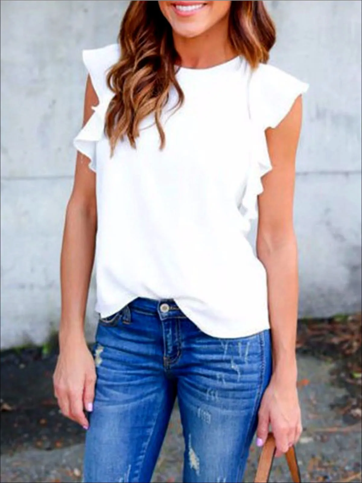 Women's White Ruffled Sleeve Top