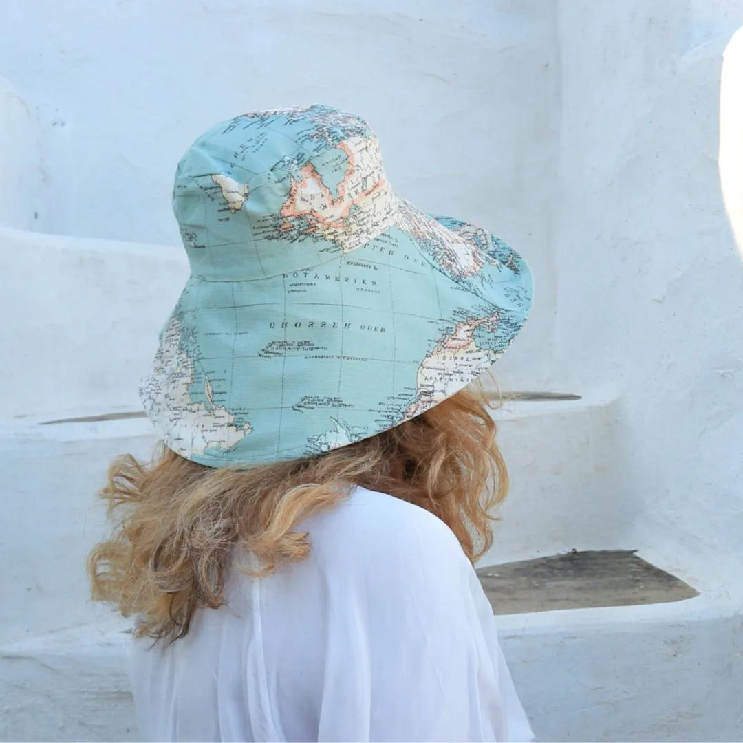 World Map Print Wide Brim Hat - Blue