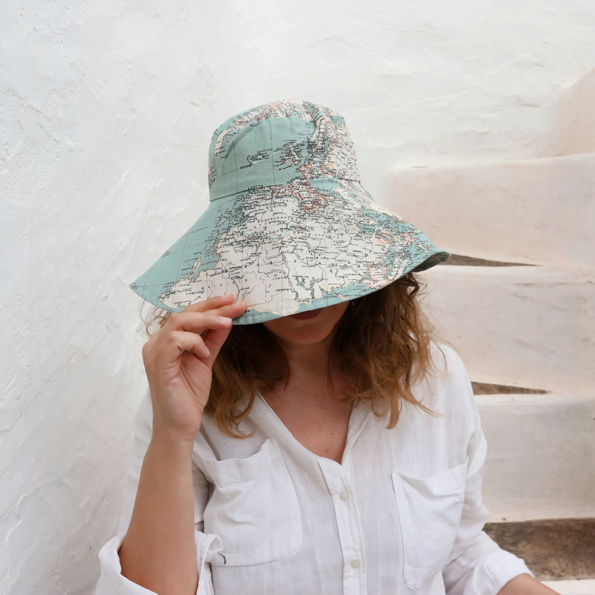 World Map Print Wide Brim Hat - Blue