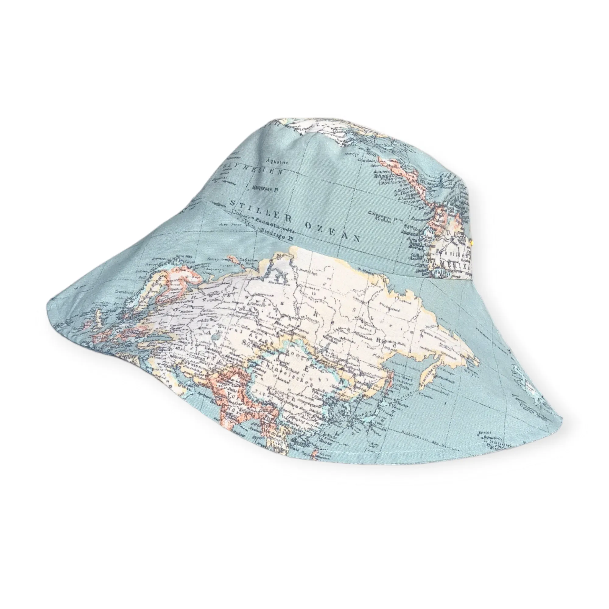 World Map Print Wide Brim Hat - Blue