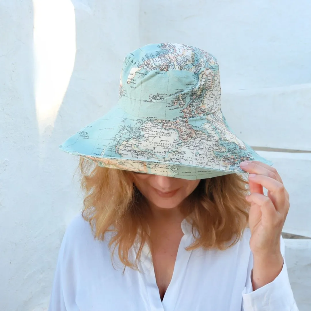 World Map Print Wide Brim Hat - Blue