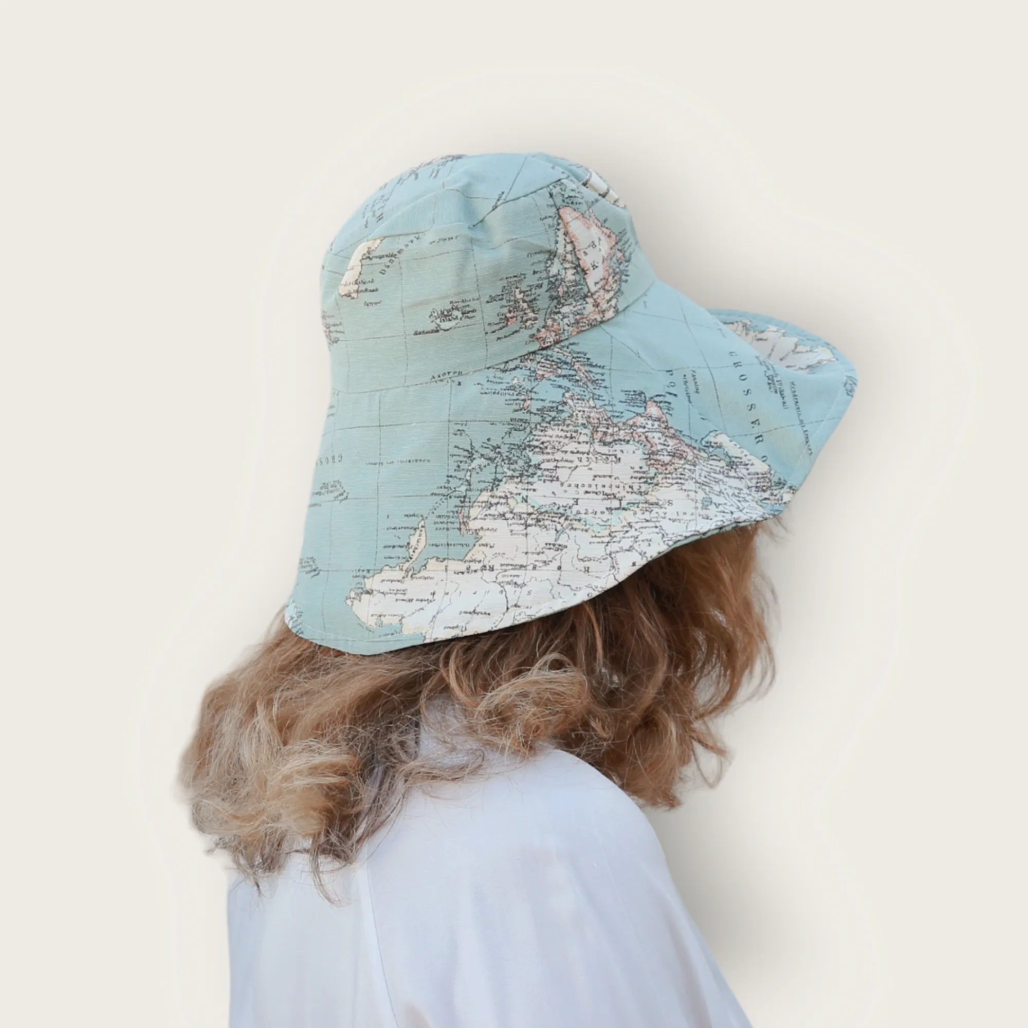 World Map Print Wide Brim Hat - Blue